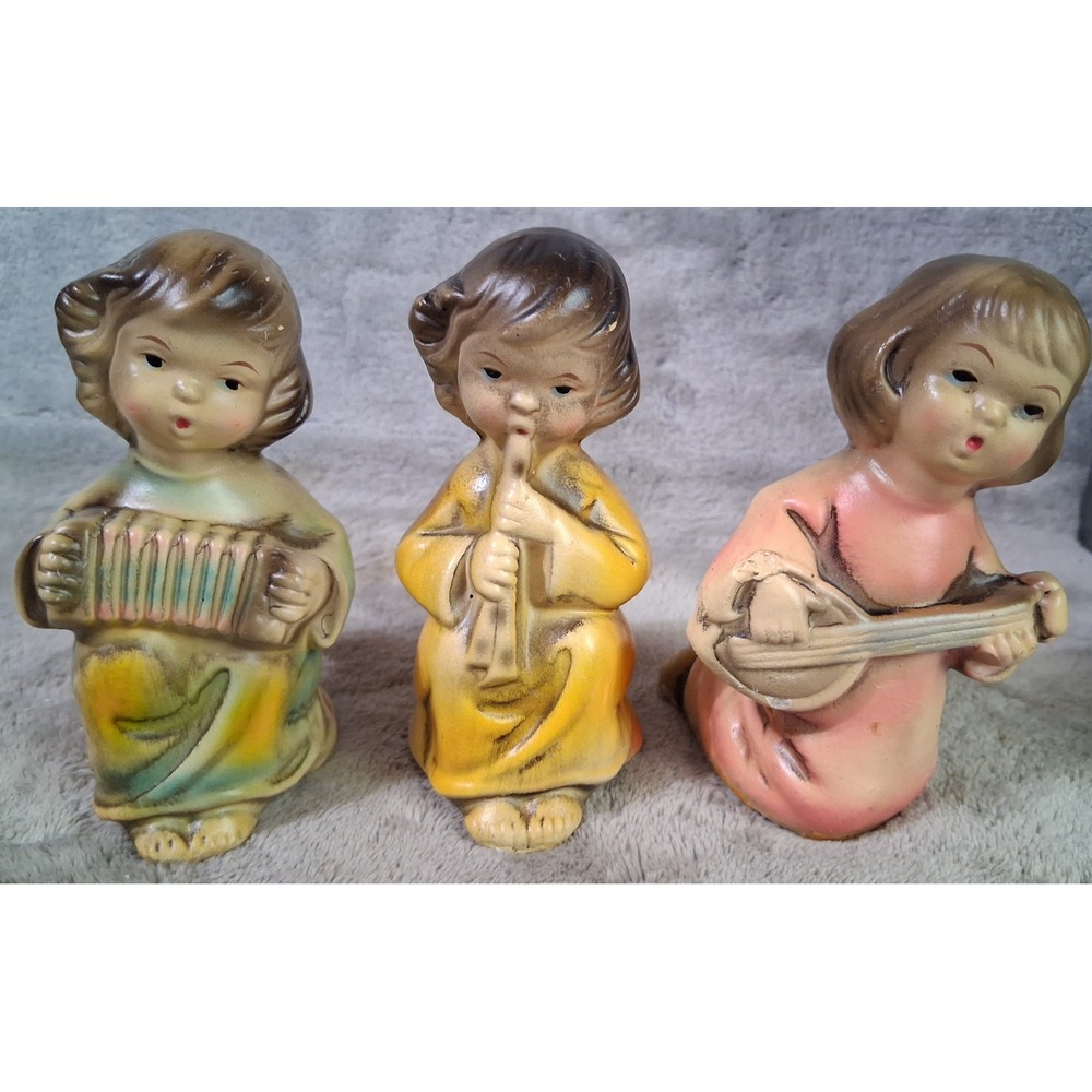 3 Vtg 50s Chalkware Angel Figurines Musical Instruments Christmas Cherubs READ